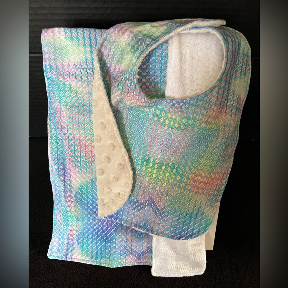 Pastel prism baby bib and burp cloth set. Handmade; New w/o tags.